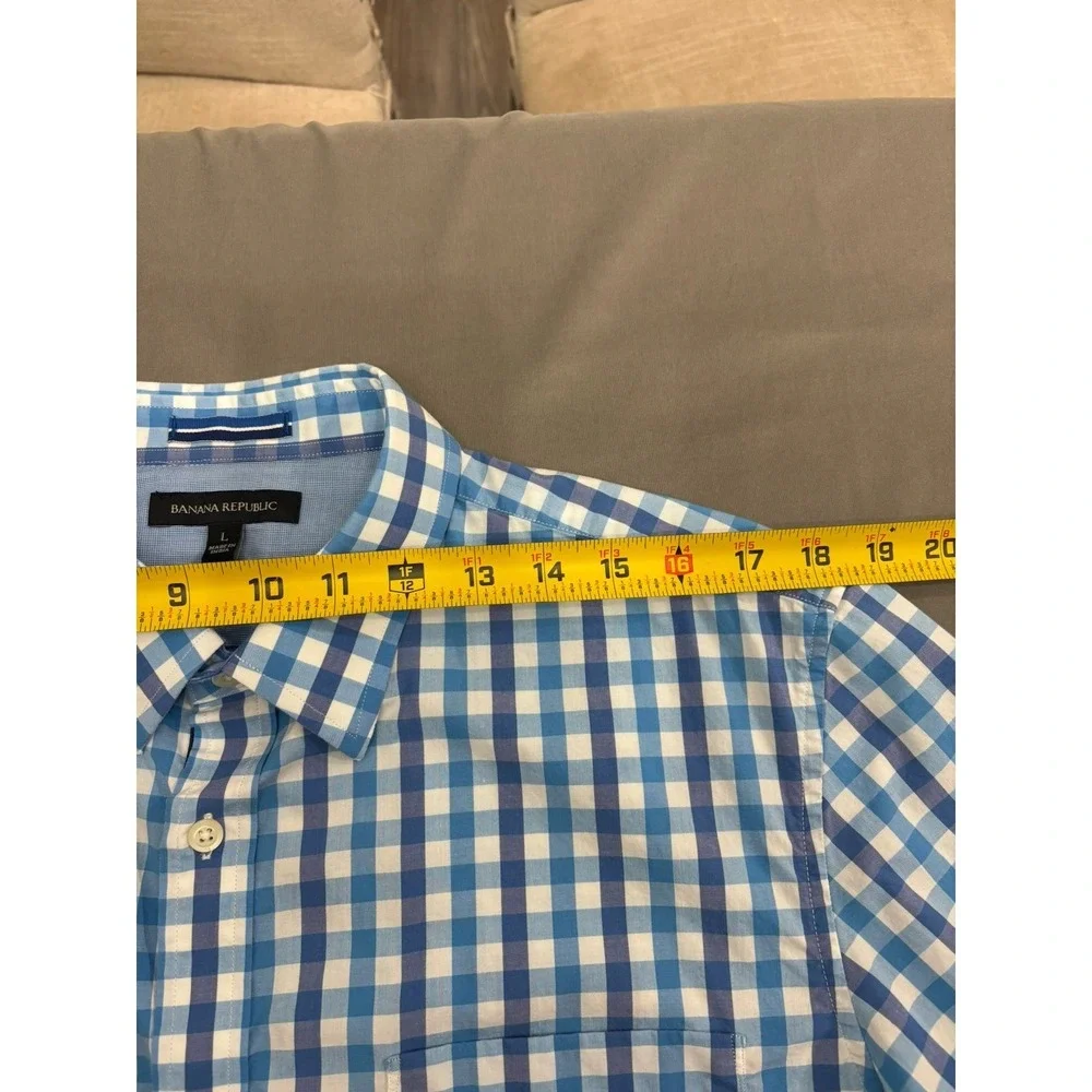 Banana Republic Short Sleeve Plaid Button Down Shirt Men's L Blue White